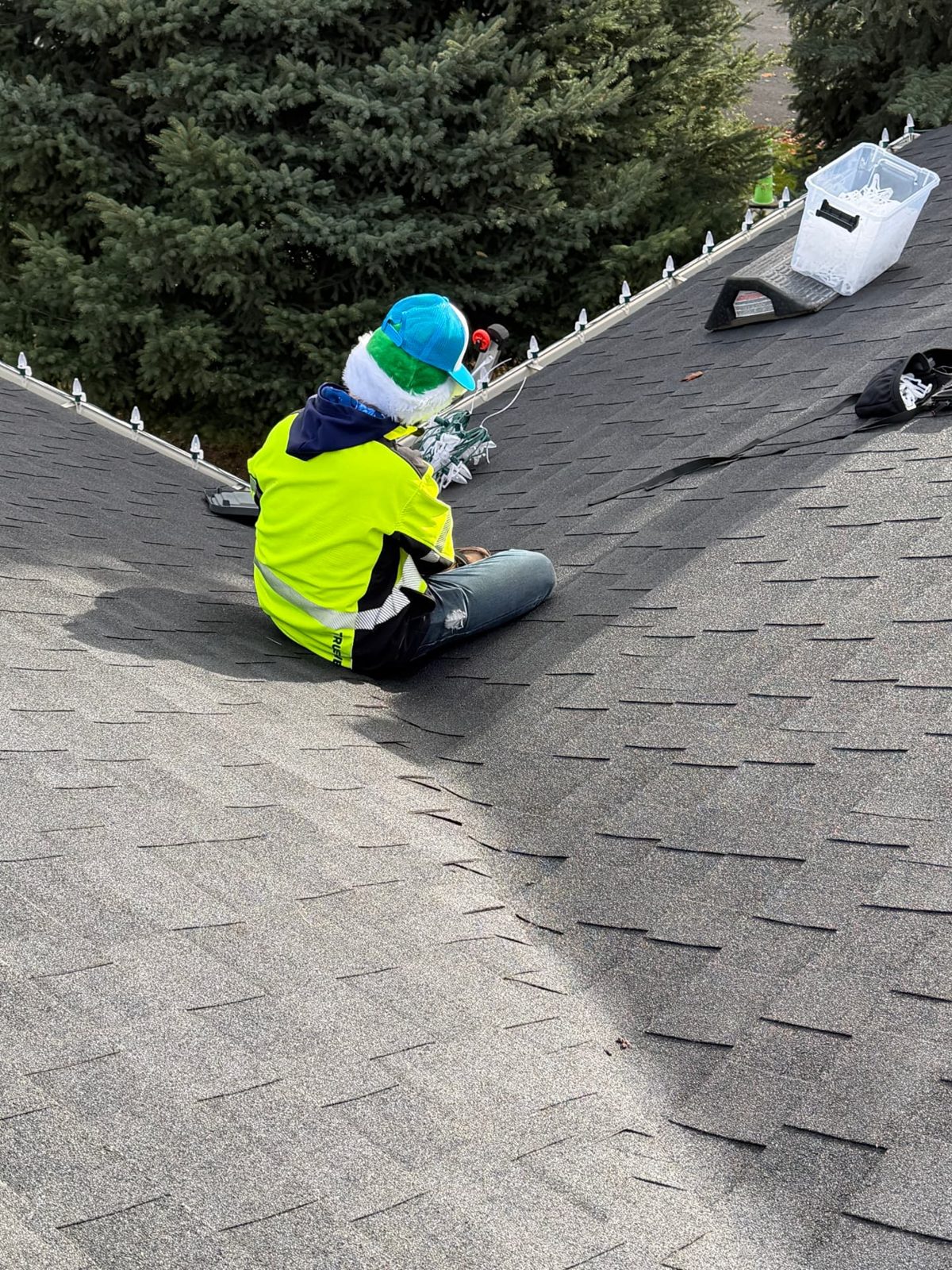 Installer in hi-vis jacket sorting light strands on a shingle roof beside evergreens