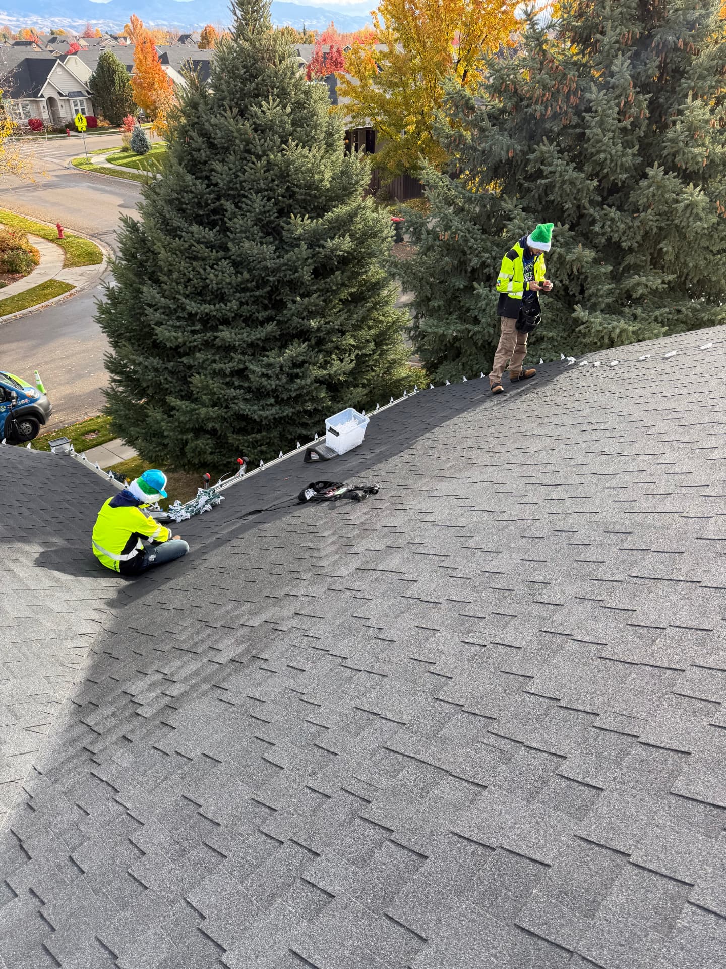 Two installers in hi-vis jackets clipping lights on a roof beside tall evergreens