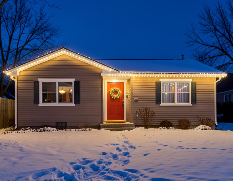 Ranch home with warm white Christmas roofline lights