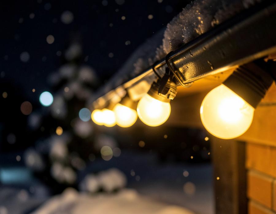 Close-up of C9 Christmas bulbs clipped along a gutter