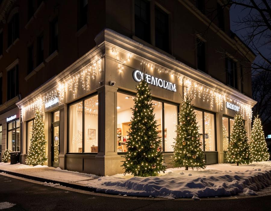 Commercial storefront with warm white holiday lighting