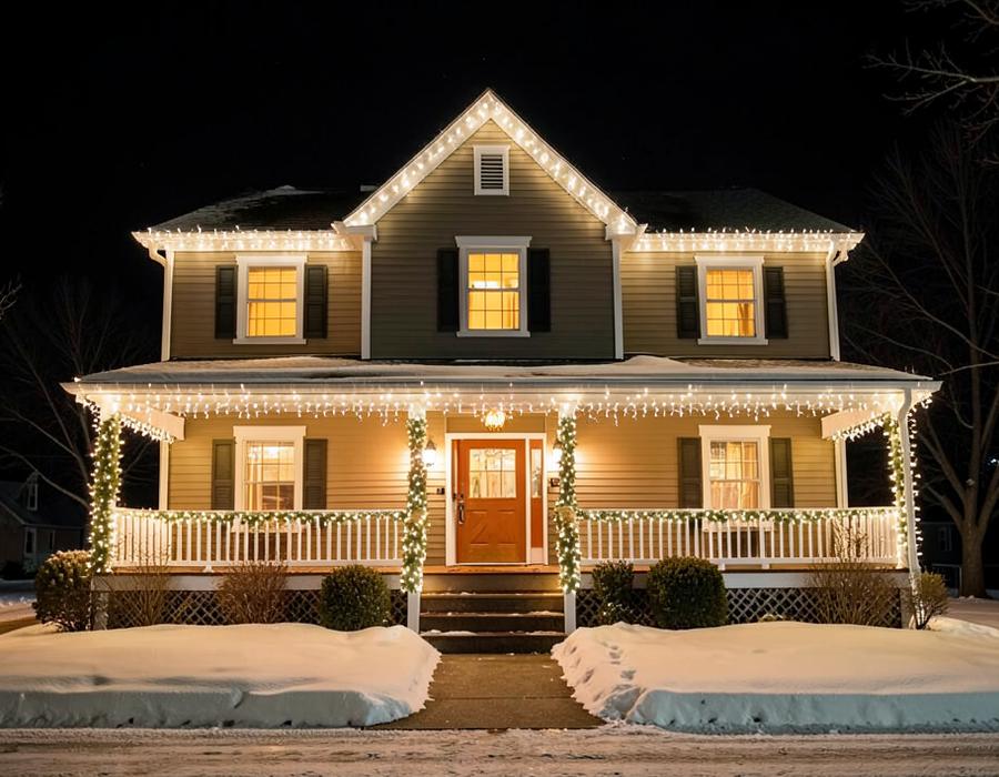 Farmhouse with lit porch railings and roofline lights